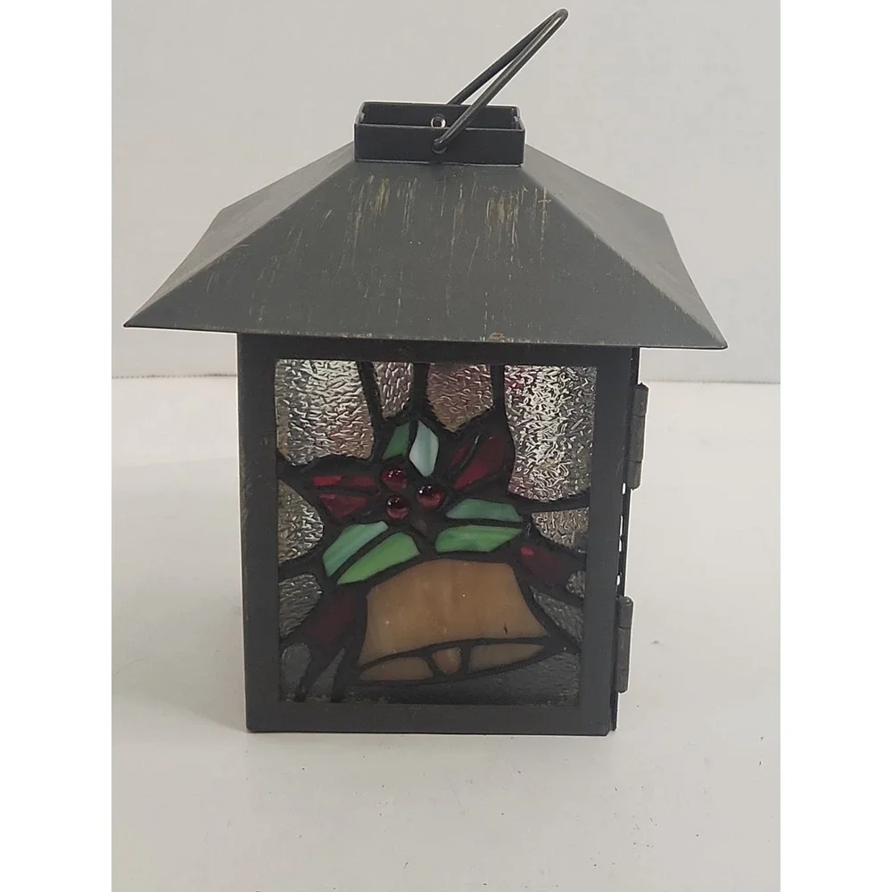 Vtg Stained Glass Christmas‎ Bell Lantern Tea Light Votive Candle Holder